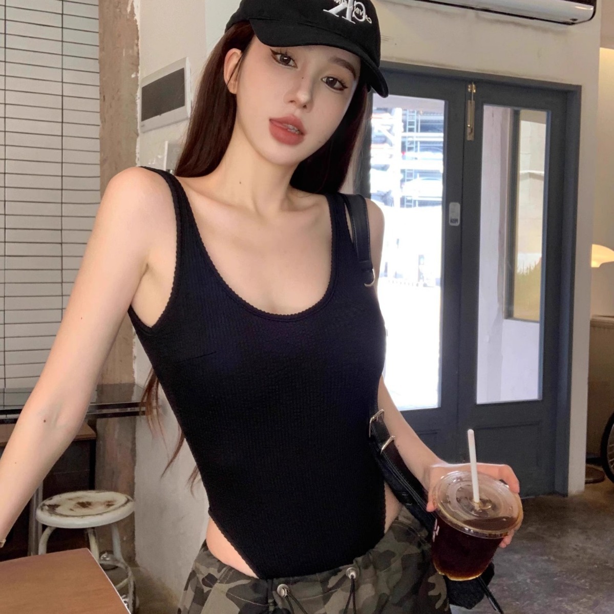 Black Strappy Bodysuit Sexy Ba - Tank Top Ribbed ulasan dan harga