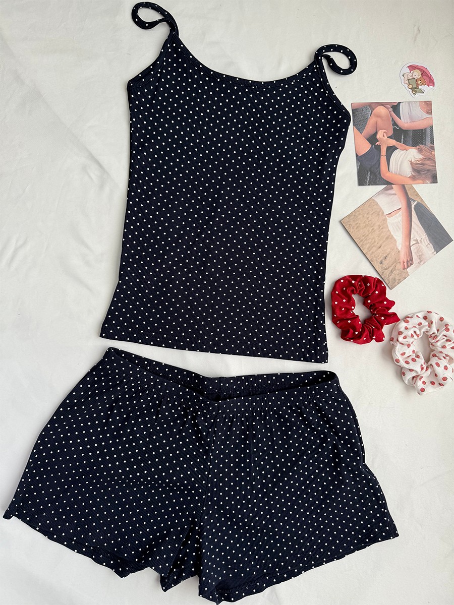 Navy Dot Ribbed Shorts Sets Wo - Tank Top Ribbed ulasan dan harga