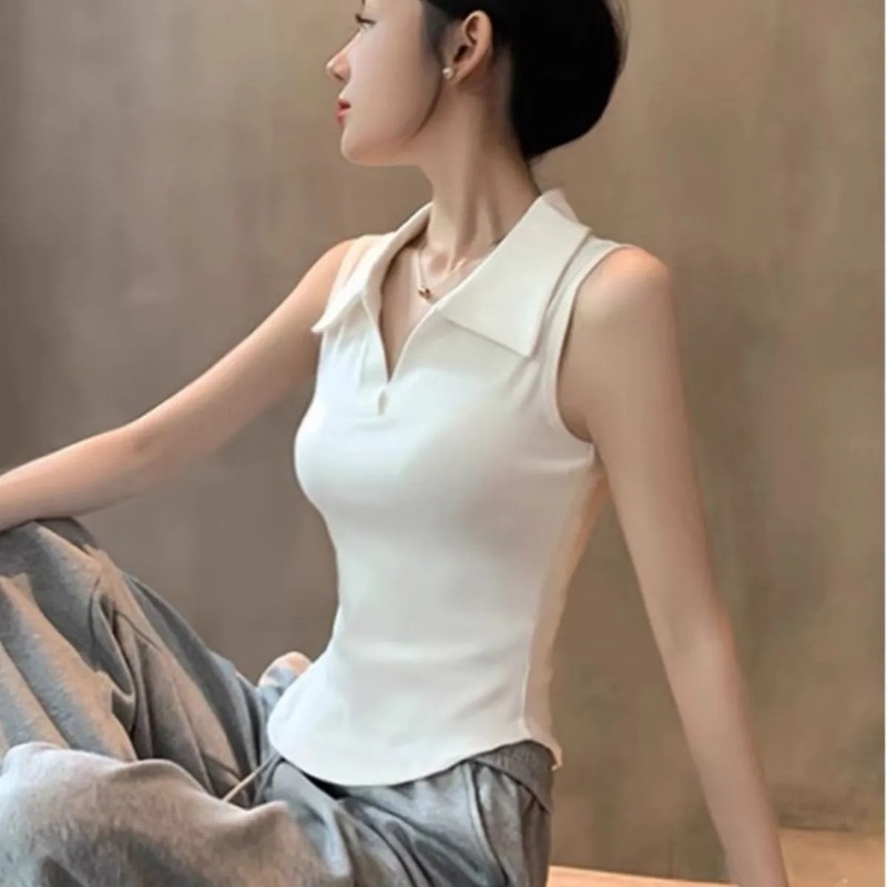Women's White Sleeveless Polo  - Tank Top Ribbed ulasan dan harga
